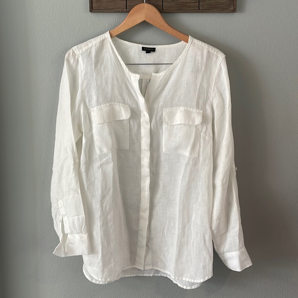Talbots 100% Linen Long Sleeve Blouse with pockets and roll tab sleeves Sz L